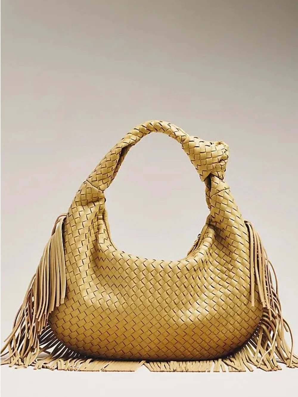 Anthropologie Woven Fringe Hobo Bag in Mustard Yellow